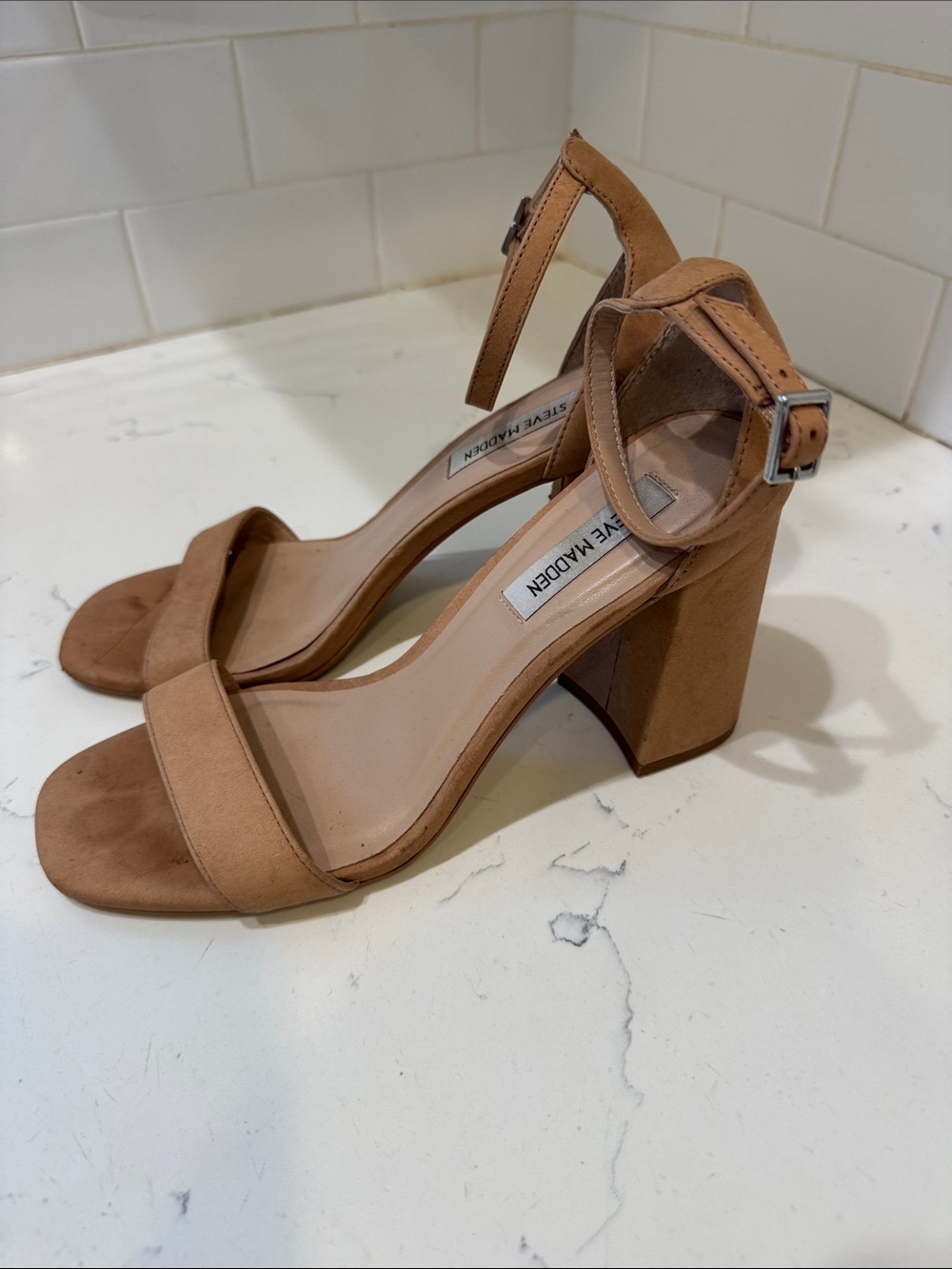 Steve Madden Nude/Tan Block Heel Ankle-Strap Sandals - Picture 3 of 10